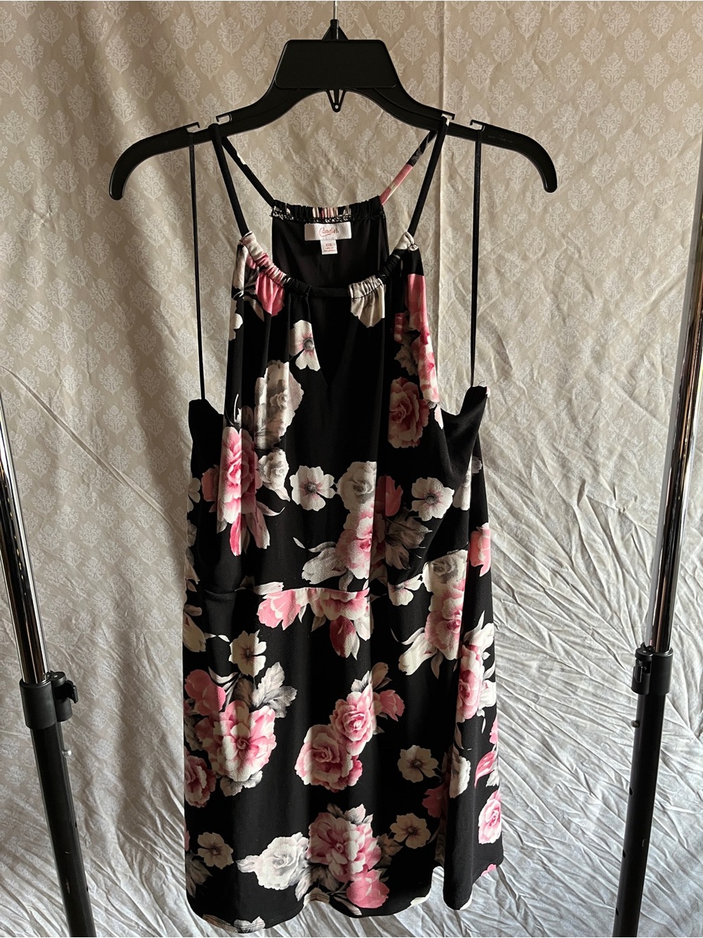 Floral Print Black Spaghetti-Strap Halter Dress